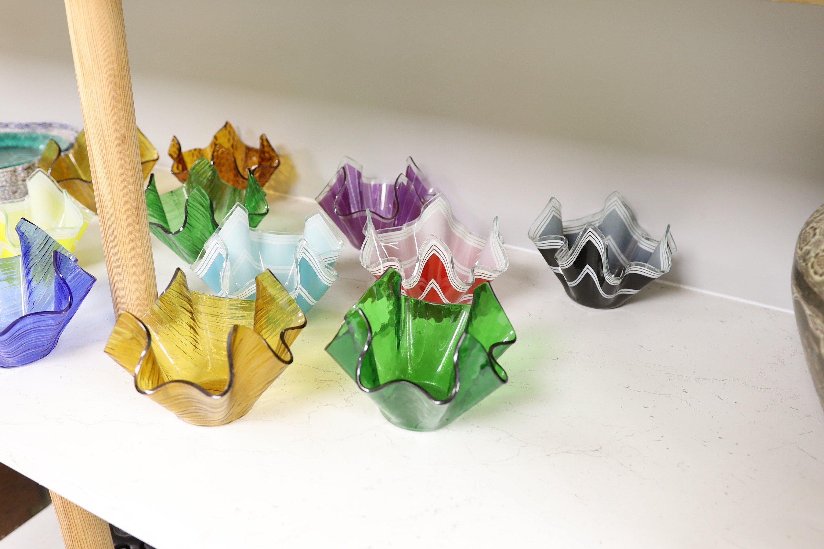 Twelve Chance glass handkerchief vases, Approximately 10.5 cm high